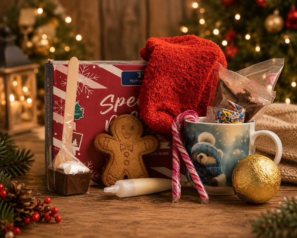 Tilz Collection Christmas Eve Box for Adults close-up of contents including gingerbread man biscuit, candy canes, festive bear mug with sprinkles, red cosy socks, gold bauble and icing tube on wooden table with Christmas lights