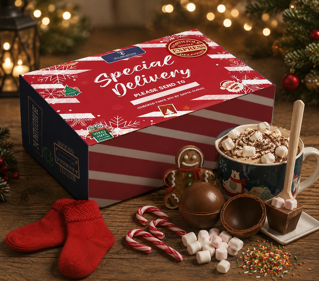 Tilz Collection Christmas Eve Box for Adults with contents displayed including festive mug filled with hot chocolate and marshmallows, gingerbread man biscuit, chocolate bombs, candy cane, red Christmas socks, sprinkles and wooden stirrer on festive wooden table