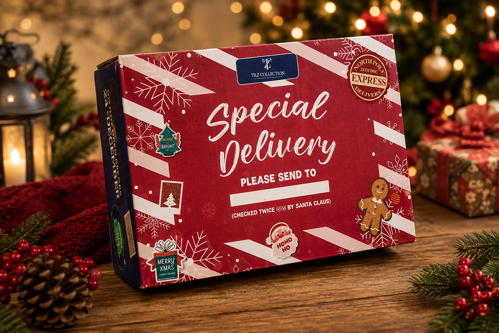 Tilz Collection Christmas Eve Box for Adults Special Delivery packaging front angle view on wooden table with festive decorations including lantern, pine cones, holly berries and Christmas lights