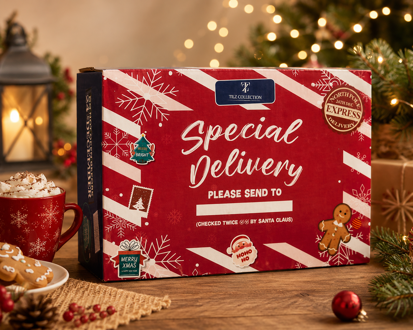 Tilz Collection Christmas Eve Box for Adults Special Delivery packaging front view with hot chocolate mug topped with whipped cream, gingerbread cookies and red bauble in cosy festive setting with warm Christmas lights