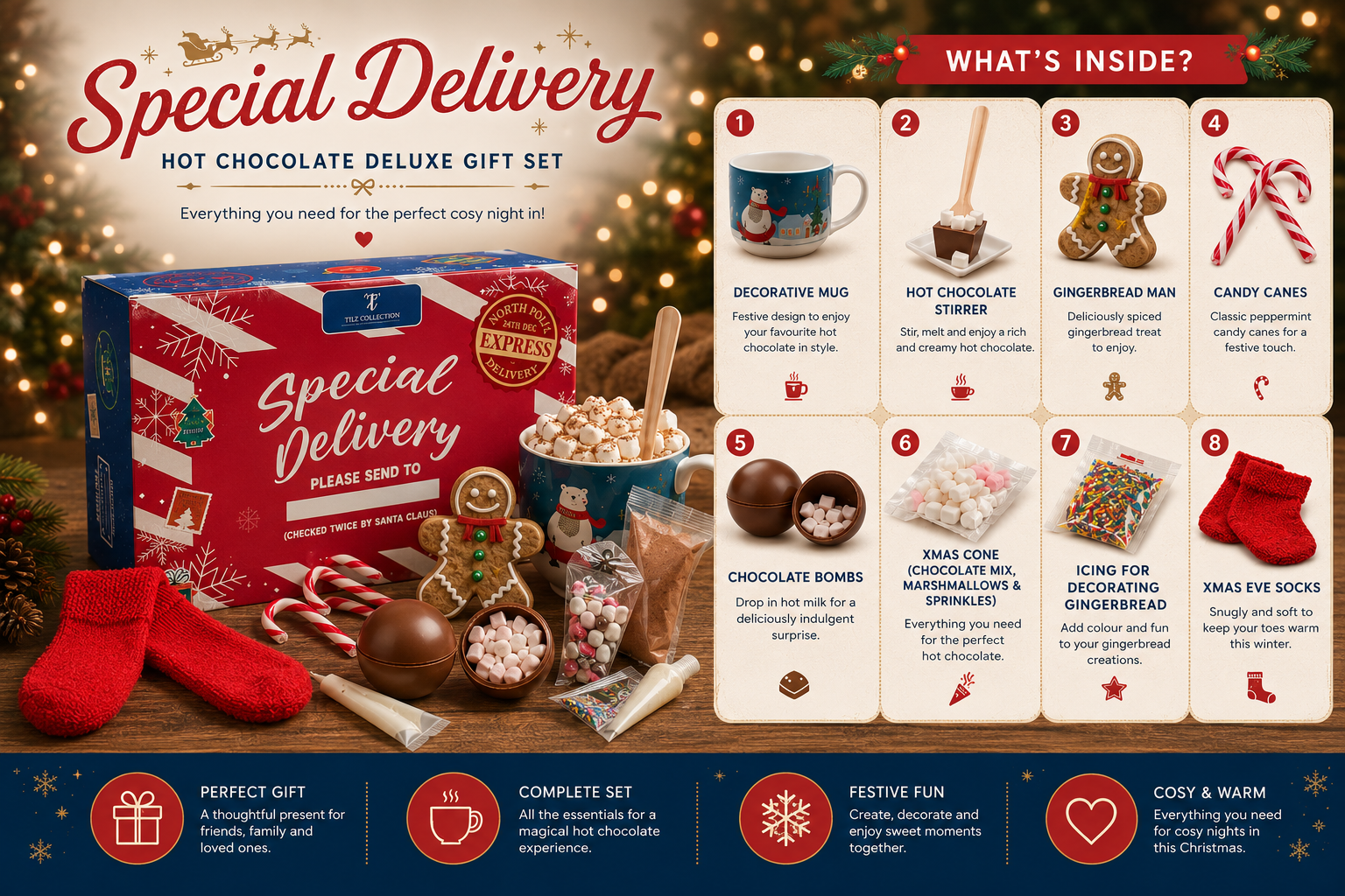 Tilz Collection Christmas Eve Box for Adults infographic showing What's Inside including decorative mug, hot chocolate stirrer, gingerbread man biscuit, candy canes, chocolate bombs, Christmas cone with marshmallows and sprinkles, icing for decorating and Christmas Eve socks