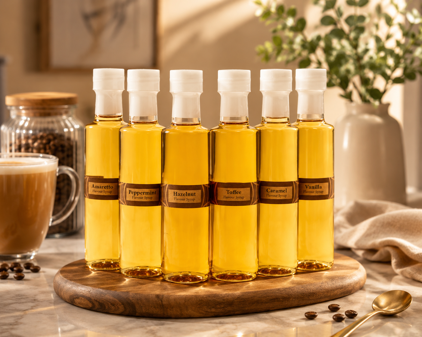 Tilz Collection Coffee Syrup Gift Set six flavoured syrup bottles Amaretto Peppermint Hazelnut Toffee Caramel Vanilla displayed on round wooden serving board with latte coffee beans and gold spoon