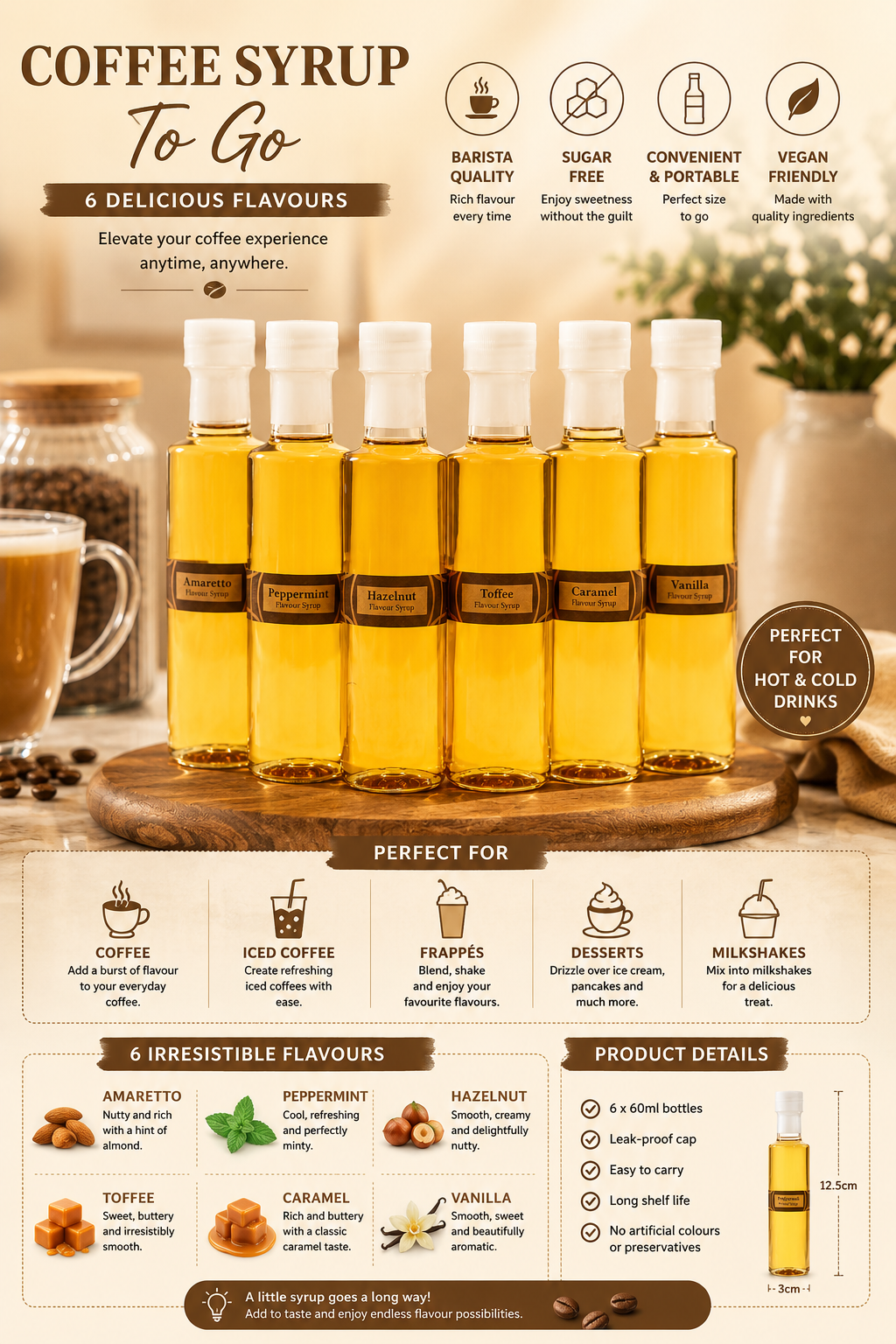 Tilz Collection Coffee Syrup To Go infographic 6 delicious flavours barista quality sugar free convenient portable vegan friendly perfect for coffees iced coffee frappes desserts milkshakes 6 irresistible flavours Amaretto Peppermint Hazelnut Toffee Caramel Vanilla product details