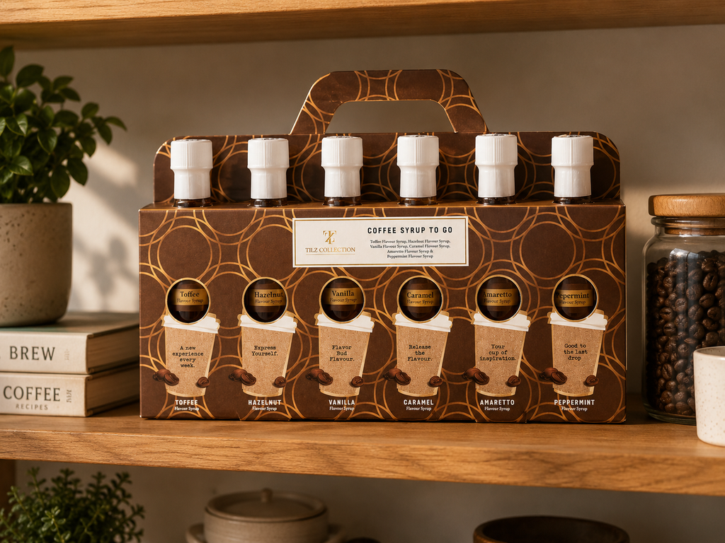 Tilz Collection Coffee Syrup Gift Set displayed on wooden kitchen shelf with six flavoured coffee syrups in branded gift box coffee recipe books and jar of coffee beans in background