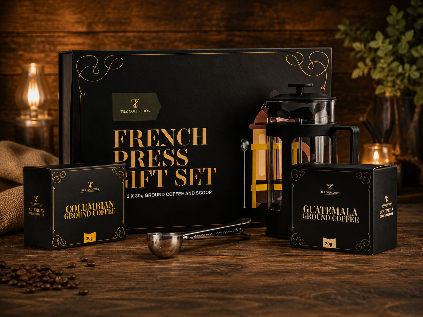 Tilz Collection French Press Coffee Gift Set with cafetiere Colombian and Guatemala ground coffee boxes and measuring scoop on rustic wooden surface
