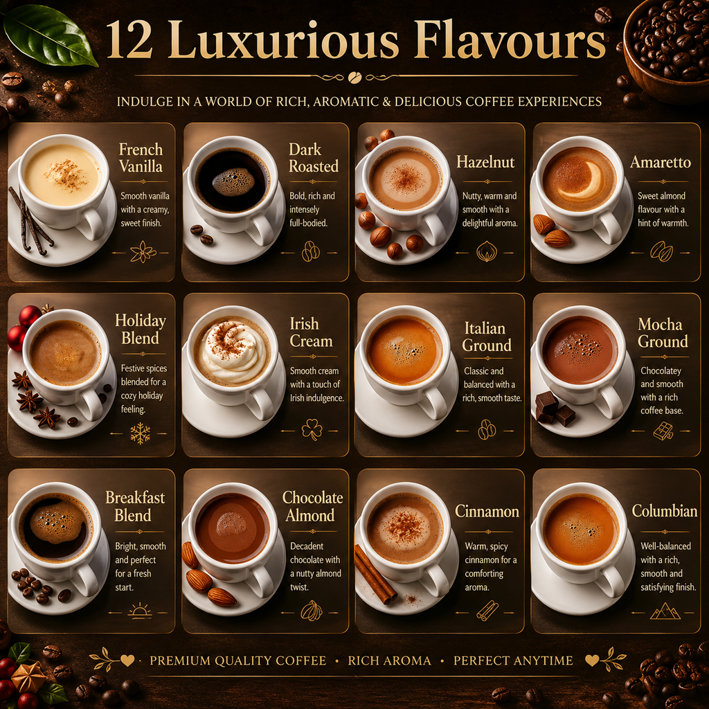 Tilz Collection Ground Coffee Advent Calendar 12 Luxurious Flavours infographic showing French Vanilla Dark Roasted Hazelnut Amaretto Holiday Blend Irish Cream Italian Ground Mocha Breakfast Blend Chocolate Almond Cinnamon and Colombian premium quality coffee