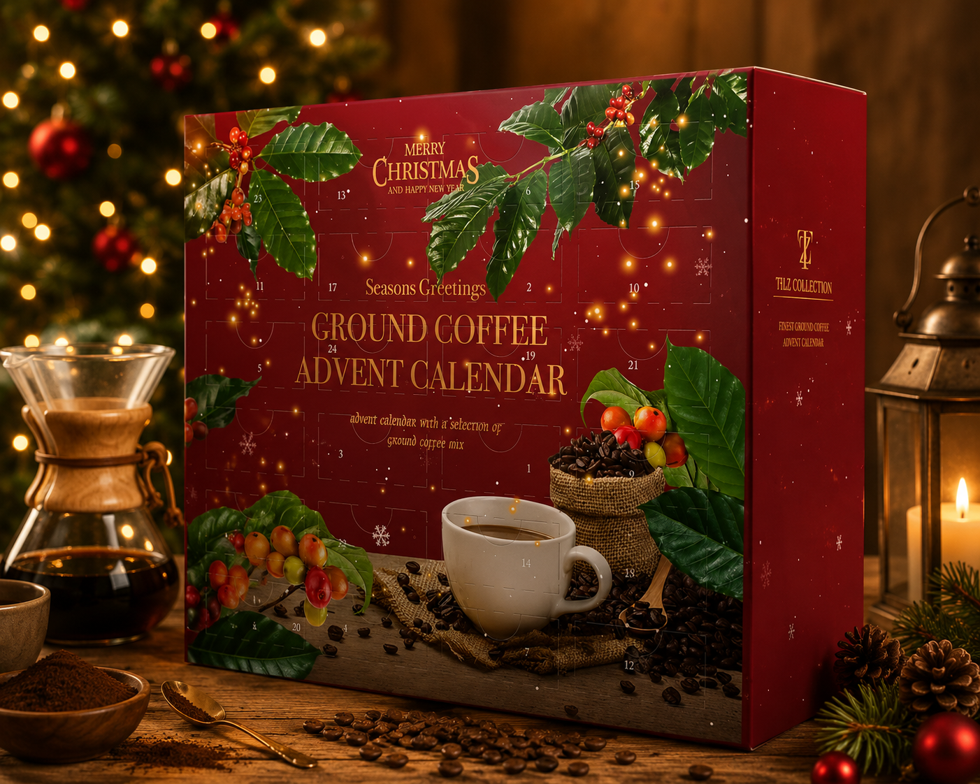 Tilz Collection Ground Coffee Advent Calendar 2026 angle view on wooden table with festive Christmas decorations candles baubles coffee beans chemex pour over and coffee cup warm holiday atmosphere