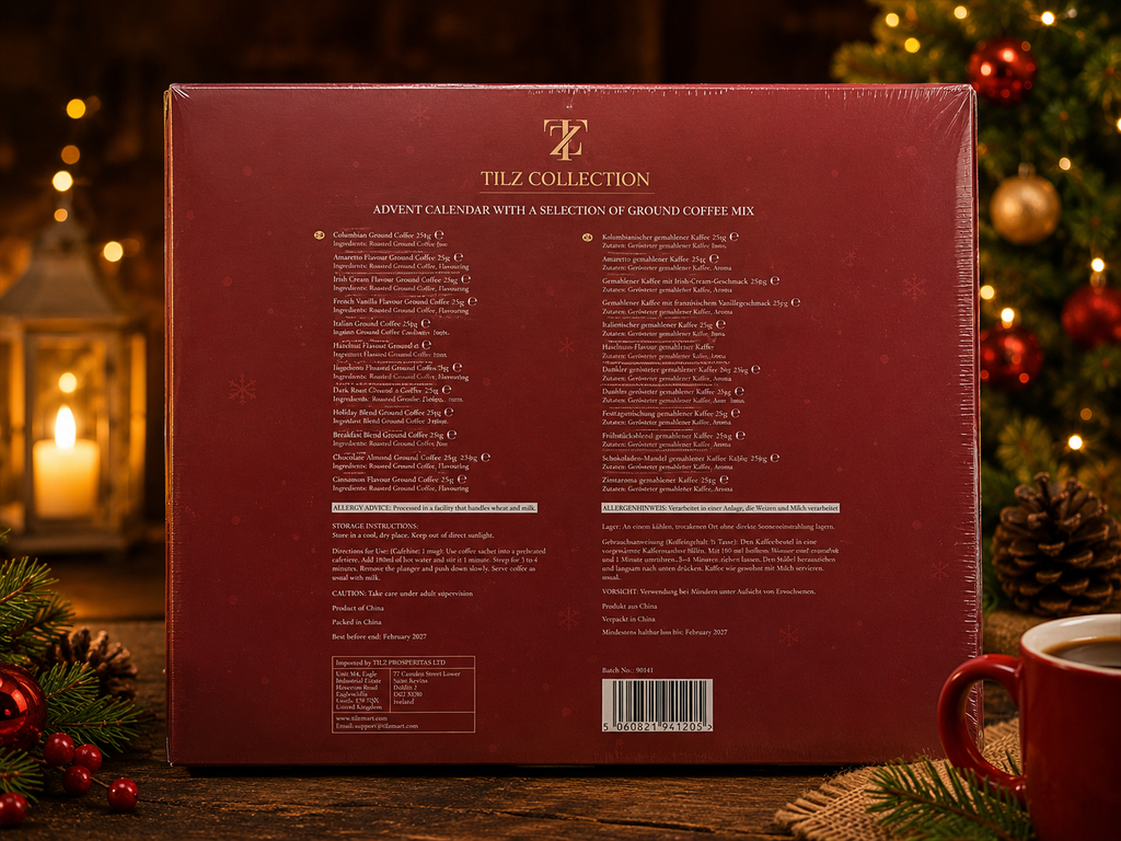 Tilz Collection Ground Coffee Advent Calendar 2026 back view showing 24 single origin coffee descriptions from Colombia Ethiopia Guatemala and more with Tilz Collection branding on red festive box Christmas decorations