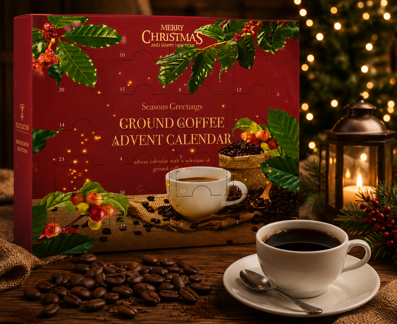 Tilz Collection Ground Coffee Advent Calendar 2026 front view on wooden table with coffee cup saucer and spoon scattered coffee beans Christmas lantern warm bokeh lights festive holiday atmosphere