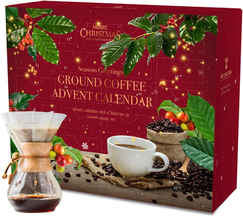 Tilz Collection Ground Coffee Advent Calendar 2026 front view red festive box with 24 numbered doors Merry Christmas Seasons Greetings text coffee beans chemex pour over and cup on wooden surface