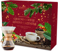 Tilz Collection Ground Coffee Advent Calendar 2026 front view red festive box with 24 numbered doors Merry Christmas Seasons Greetings text coffee beans chemex pour over and cup on wooden surface
