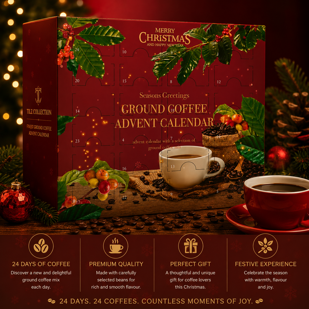Tilz Collection Ground Coffee Advent Calendar 2026 front view with product info icons 24 Days of Coffee Premium Quality Perfect Gift Festive Experience red festive box with Christmas decorations coffee cups and tagline 24 Days 24 Coffees Countless Moments of Joy