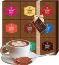 Tilz Collection Ground Coffee Gift Set front view showing 9 single origin roast packets in presentation box including Amaretto, Breakfast Blend, Colombian, Hazelnut, Mocha, Italian, French Vanilla, Irish Cream and Dark Roasted with coffee cup and spoon