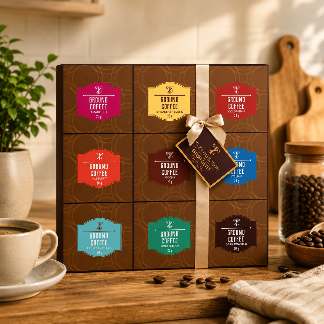 Tilz Collection Ground Coffee Gift Set front view on wooden table in bright kitchen setting with coffee cup, scattered coffee beans and glass jars showing all 9 single origin roast packets in presentation box