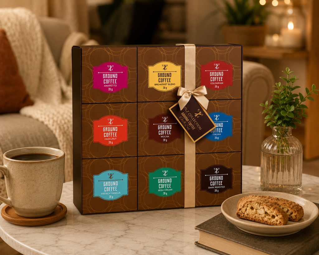 Tilz Collection Ground Coffee Gift Set on marble surface in cosy living room setting with coffee mug, biscotti plate, plant vase and warm ambient lighting showing all 9 single origin roast packets