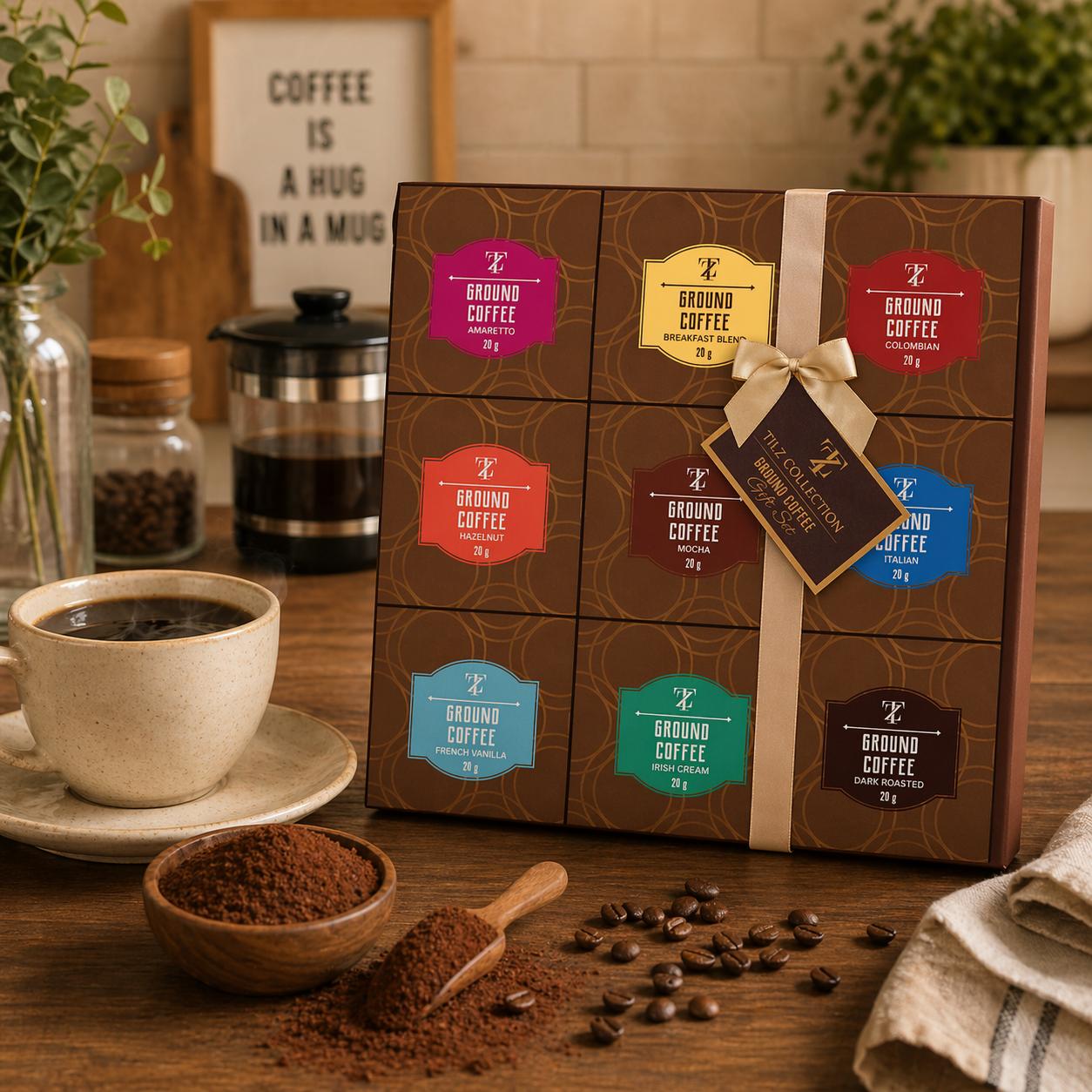 Tilz Collection Ground Coffee Gift Set on wooden table with French press, coffee cup and scattered coffee beans in cosy kitchen setting showing all 9 single origin roast packets