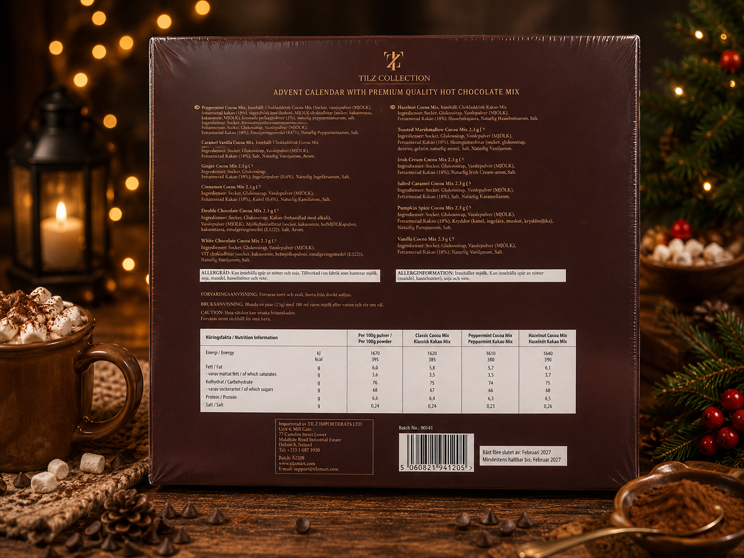aTilz Collection Luxury Hot Chocolate Advent Calendar 2026 — back of box showing full ingredients list, nutritional information table, allergen warnings and barcode on festive wooden table setting