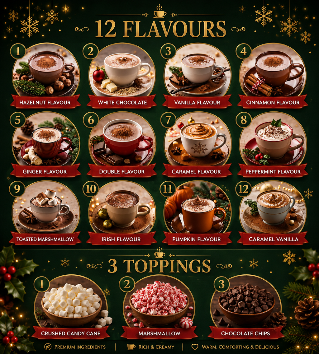 Tilz Collection Luxury Hot Chocolate Advent Calendar 2026 — contents grid showing all 12 hot chocolate flavours including hazelnut, white chocolate, vanilla, cinnamon, ginger, double, caramel, peppermint, toasted marshmallow, Irish, pumpkin spice and caramel vanilla plus 3 toppings