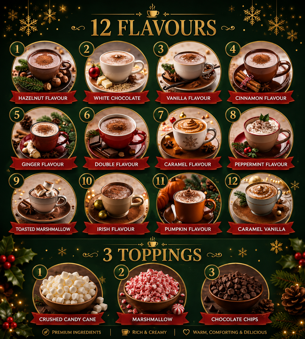 Tilz Collection Luxury Hot Chocolate Advent Calendar 2026 — contents grid showing all 12 hot chocolate flavours including hazelnut, white chocolate, vanilla, cinnamon, ginger, double, caramel, peppermint, toasted marshmallow, Irish, pumpkin spice and caramel vanilla plus 3 toppings