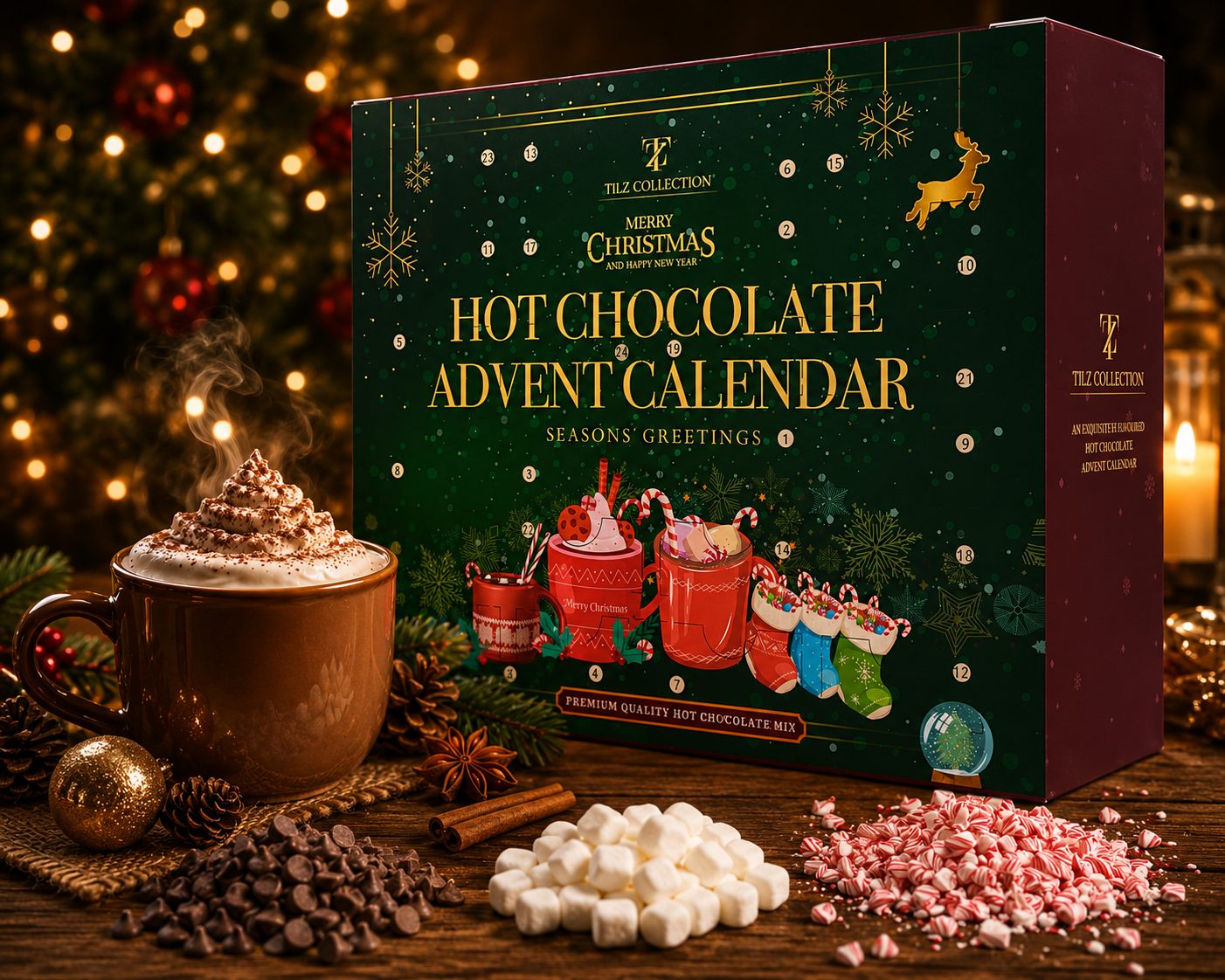 Tilz Collection Luxury Hot Chocolate Advent Calendar 2026 — front angle view of festive green and gold box with steaming hot chocolate mug, chocolate chips, marshmallows, candy cane pieces, cinnamon sticks and Christmas decorations