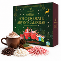 Tilz Collection Luxury Hot Chocolate Advent Calendar 2026 — front view of festive green and gold box with 24 day cocoa countdown, surrounded by chocolate chips, marshmallows and candy cane pieces