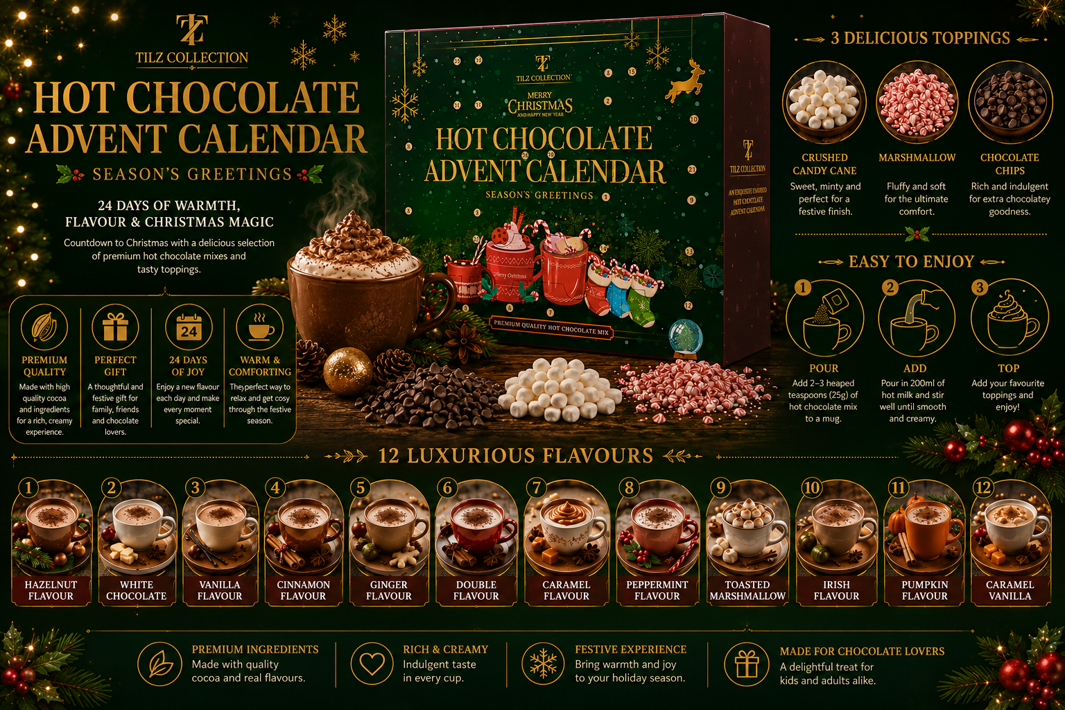 Tilz Collection Luxury Hot Chocolate Advent Calendar 2026 — infographic showing 12 luxurious flavours, 3 delicious toppings, easy preparation steps, premium quality badges and festive packaging design