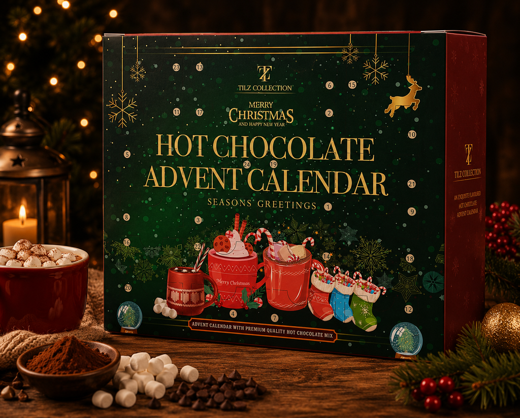 Tilz Collection Luxury Hot Chocolate Advent Calendar 2026 — lifestyle setting on wooden surface with festive decorations, candle, hot chocolate mug, marshmallows and holly berries