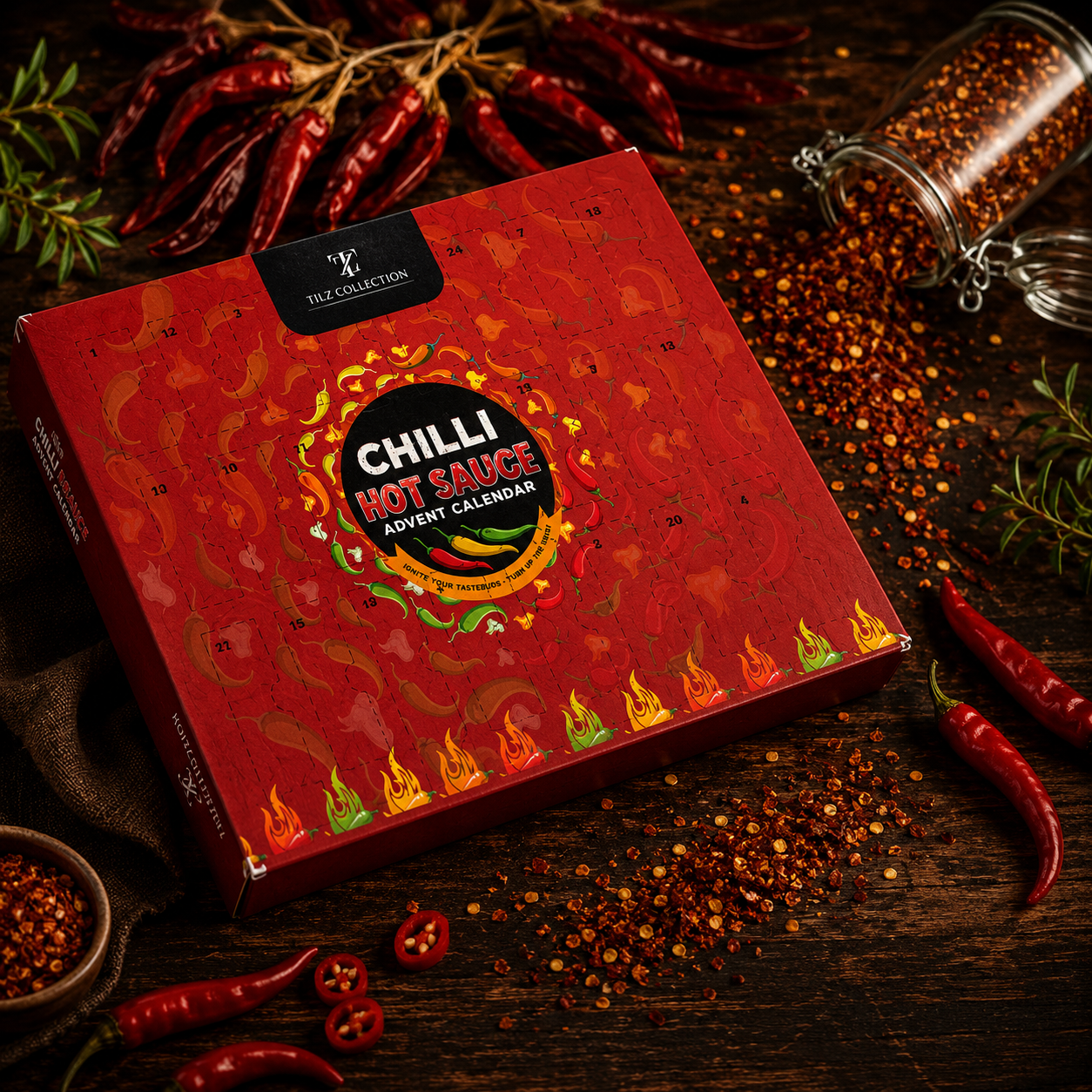Tilz chilli hot sauce advent calendar 24 mini bottles angled box view surrounded by fresh red chillies and spices on dark wooden table