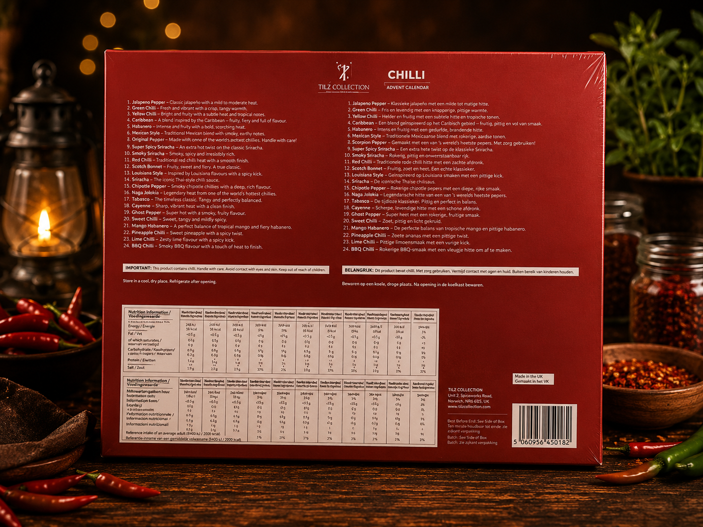 Back of Tilz chilli hot sauce advent calendar showing 24 flavour descriptions, ingredients list and nutritional information tables with warm rustic styling