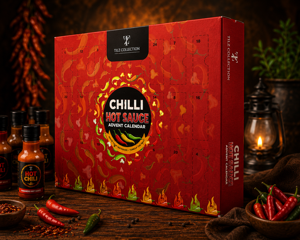 Tilz chilli hot sauce advent calendar front angle view with mini hot sauce bottles, fresh chillies and warm lantern lighting on rustic wooden surface