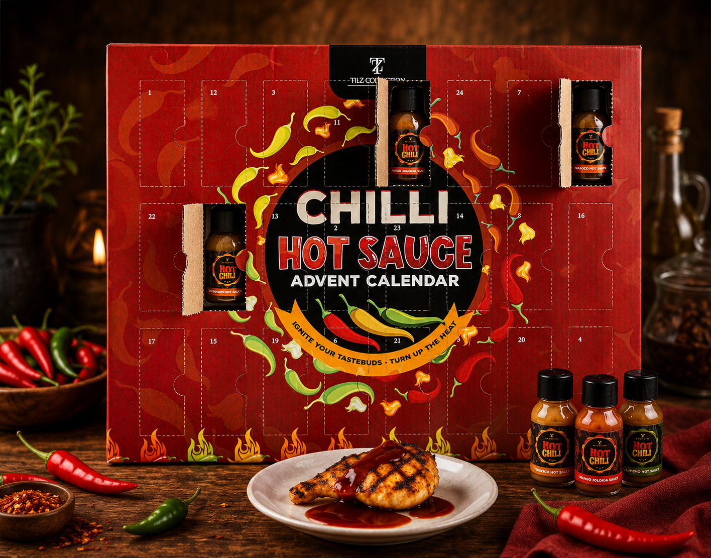 Tilz chilli hot sauce advent calendar with doors open revealing 24 mini gourmet hot sauce bottles, styled with grilled chicken and fresh chillies on wooden table