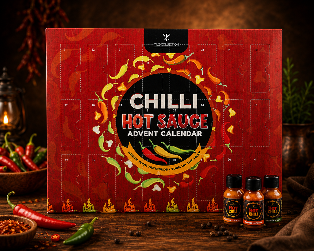 Tilz chilli hot sauce advent calendar 24 mini bottles front view with sample bottles displayed, warm lantern lighting on rustic wooden surface with fresh chillies