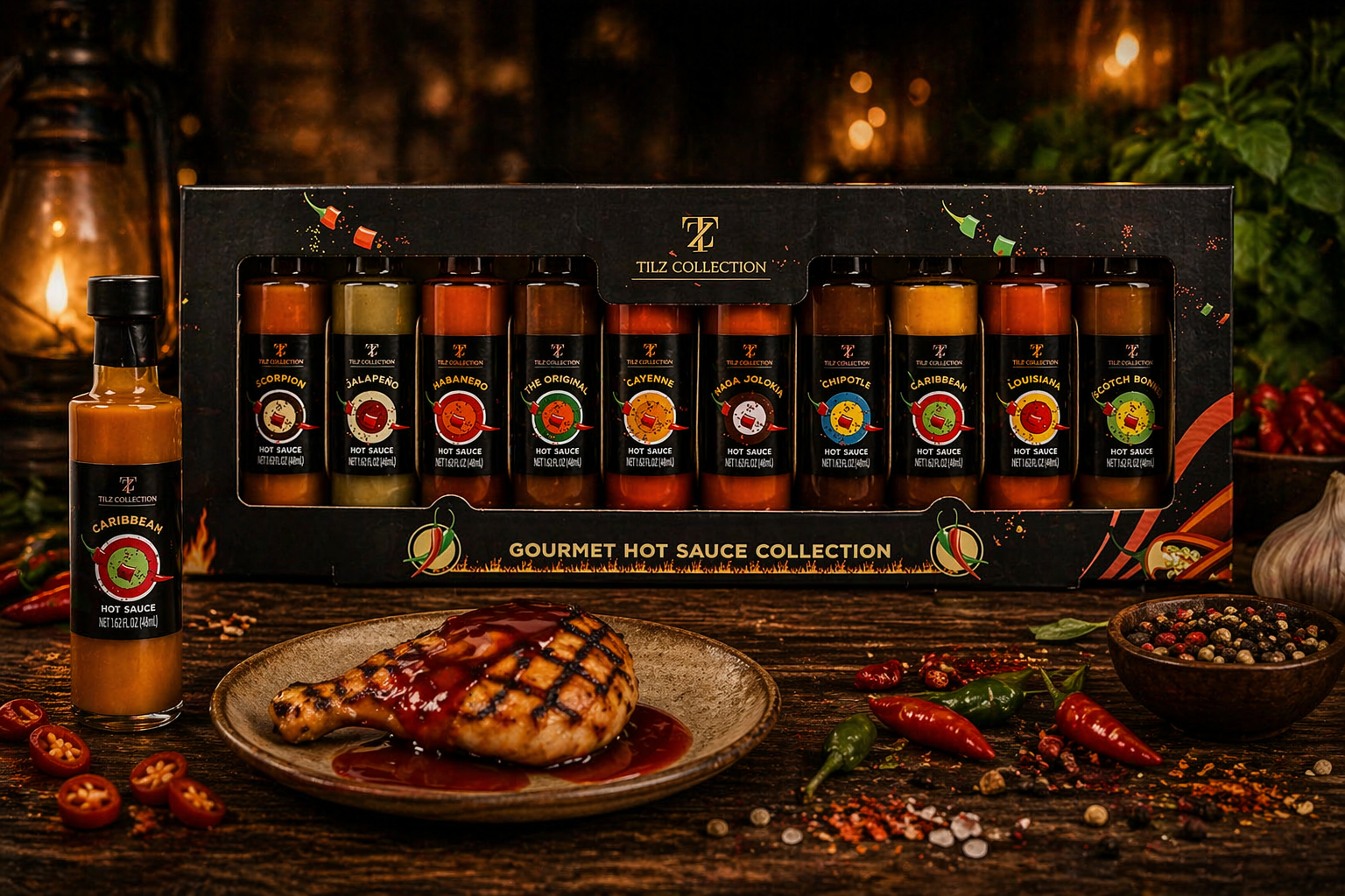 Tilz Collection Hot Sauce Gift Set UK — front view of 10 gourmet chilli sauce bottles in presentation box with grilled chicken, fresh chillies, garlic and peppercorns on rustic wooden table