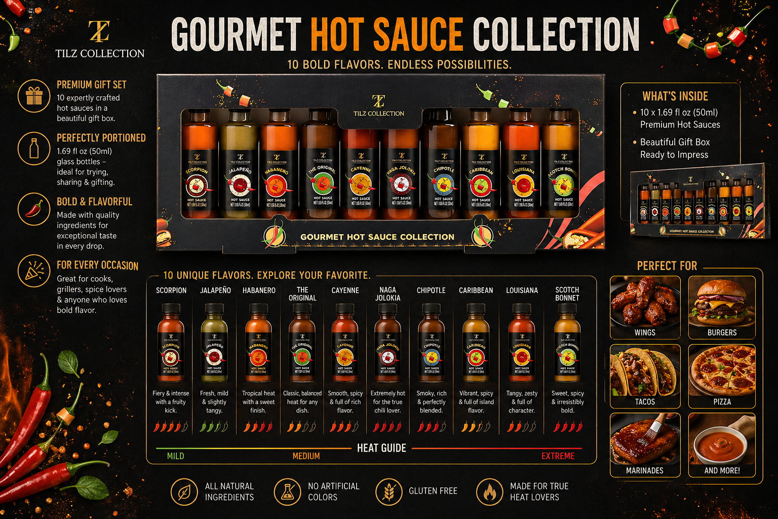 Tilz Collection Hot Sauce Gift Set UK — infographic showing all 10 gourmet chilli sauce flavours with heat guide from mild to extreme, food pairing suggestions, quality badges and whats inside details