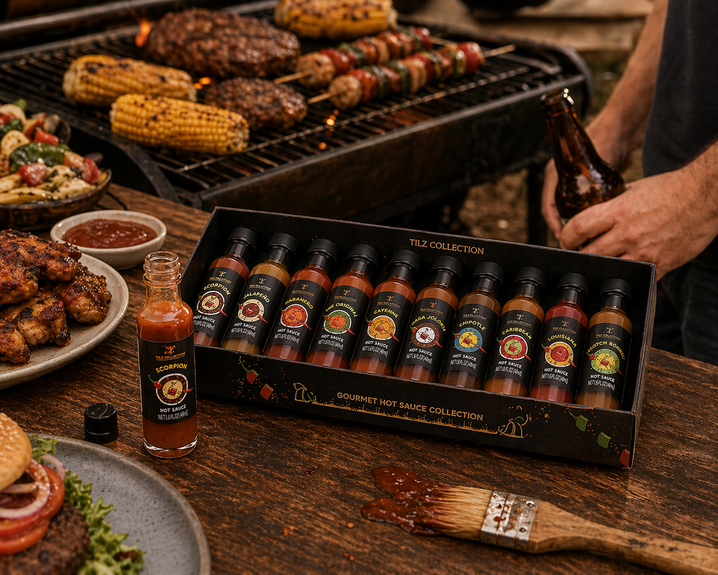 Tilz Collection Hot Sauce Gift Set UK — lifestyle BBQ scene with 10 gourmet chilli sauce bottles, grilled meats, corn on the cob, beer and outdoor dining setting