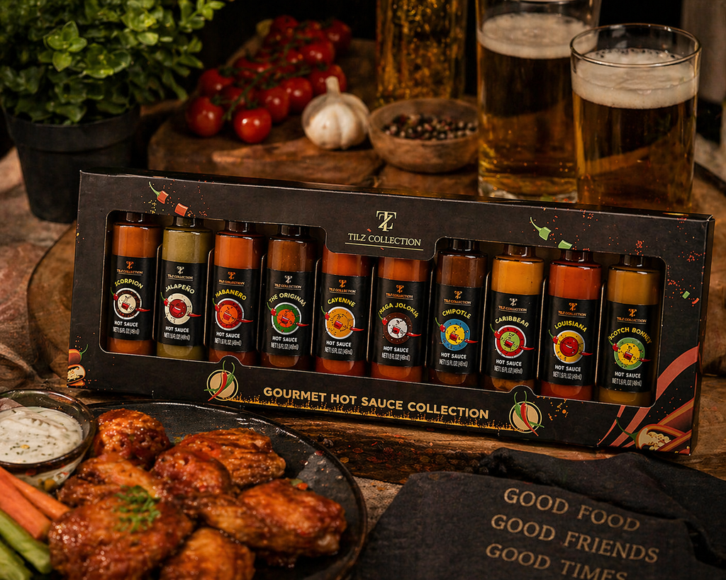 Tilz Collection Hot Sauce Gift Set UK — lifestyle dining scene with 10 gourmet chilli sauce bottles, crispy chicken wings, fresh vegetables, garlic and beer glasses on rustic table