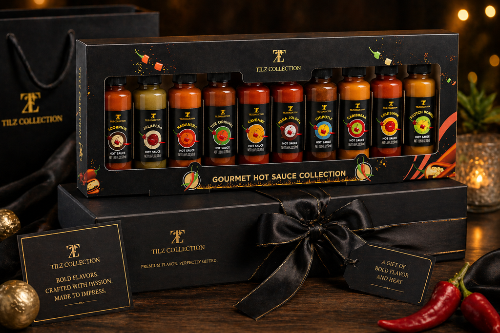 Tilz Collection Hot Sauce Gift Set UK — premium gift presentation with 10 chilli sauce bottles in black box, satin ribbon bow, branded gift cards, chillies and warm bokeh lights