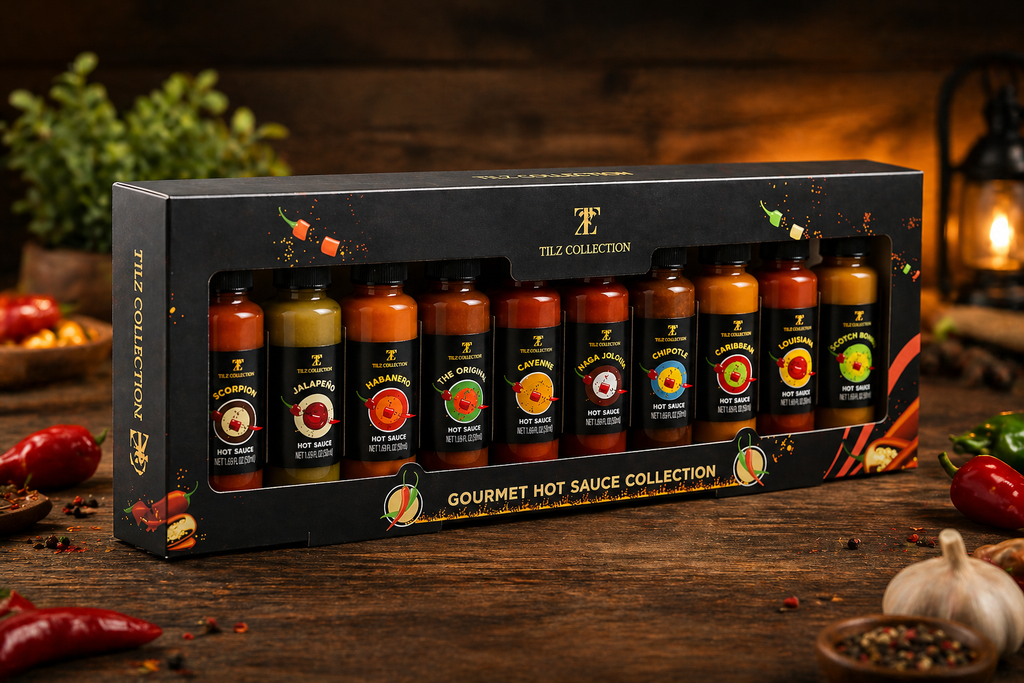 Side angle view of Tilz hot sauce gift set with 10 gourmet chilli sauce bottles in premium black gift box, fresh peppers and garlic on wooden surface