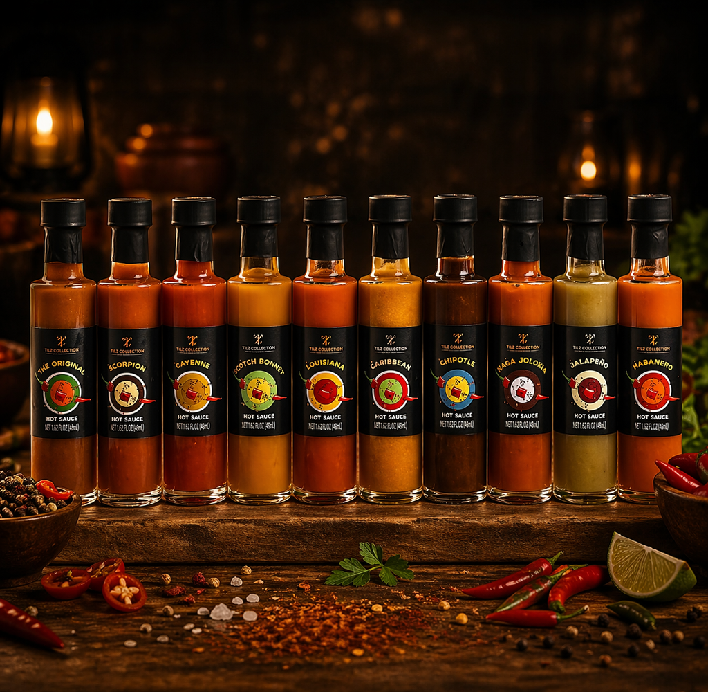 Tilz hot sauce gift set 10 pack unboxed showing all gourmet chilli sauce bottles displayed on wooden surface with fresh herbs and spices