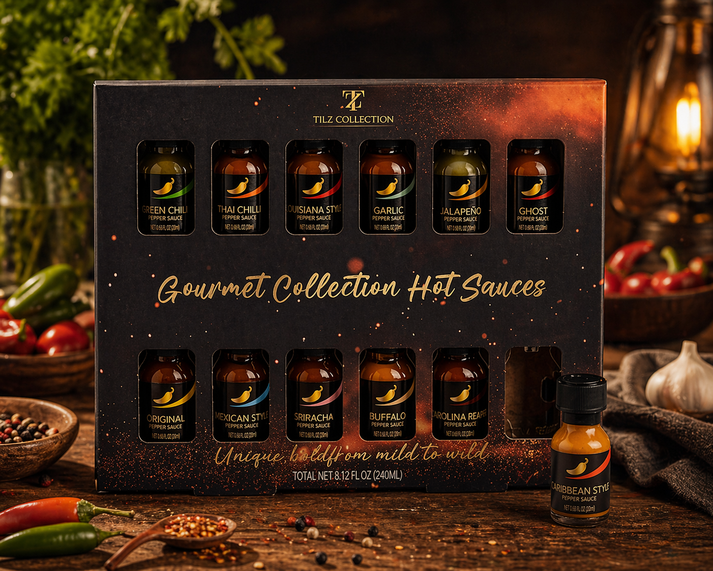 Tilz Collection Gourmet Hot Sauce Gift Set front view with 12 chilli sauce bottles in premium gift box on rustic wooden table with fresh peppers
