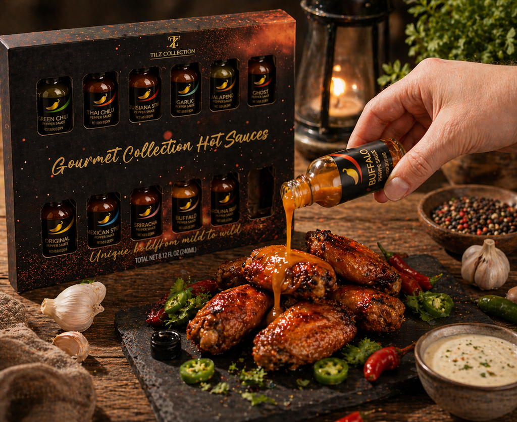 Hand pouring Tilz Collection buffalo hot sauce over roasted chicken wings with gift box and sauce bottles in background