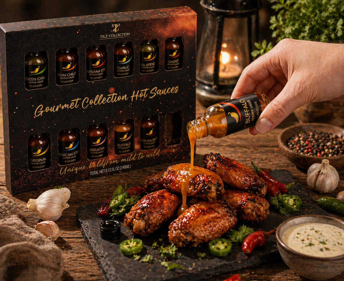 Hand pouring Tilz Collection buffalo hot sauce over roasted chicken wings with gift box and sauce bottles in background