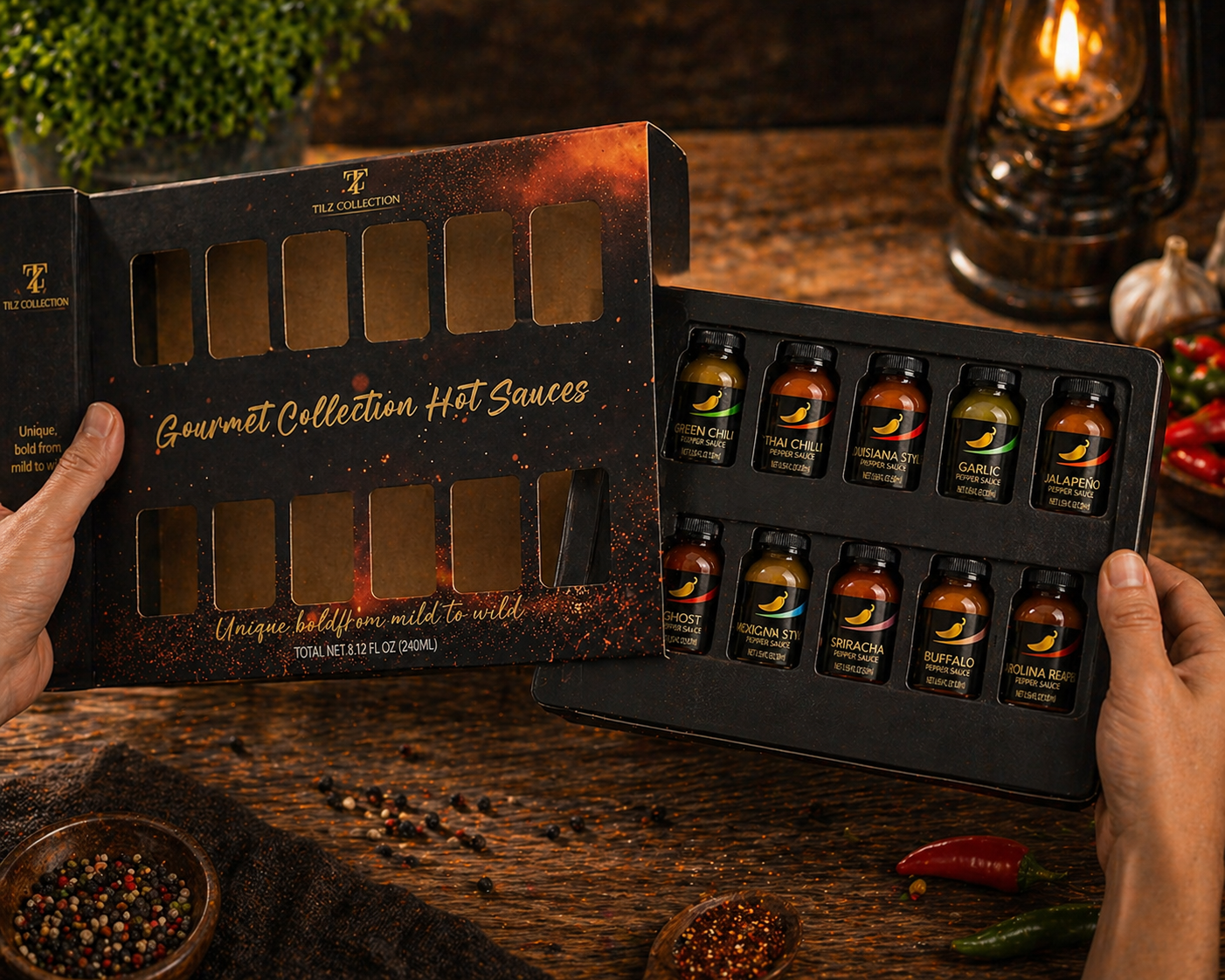 Hands holding open Tilz Collection Hot Sauce Gift Set box showing all 12 gourmet chilli sauce bottles inside premium packaging