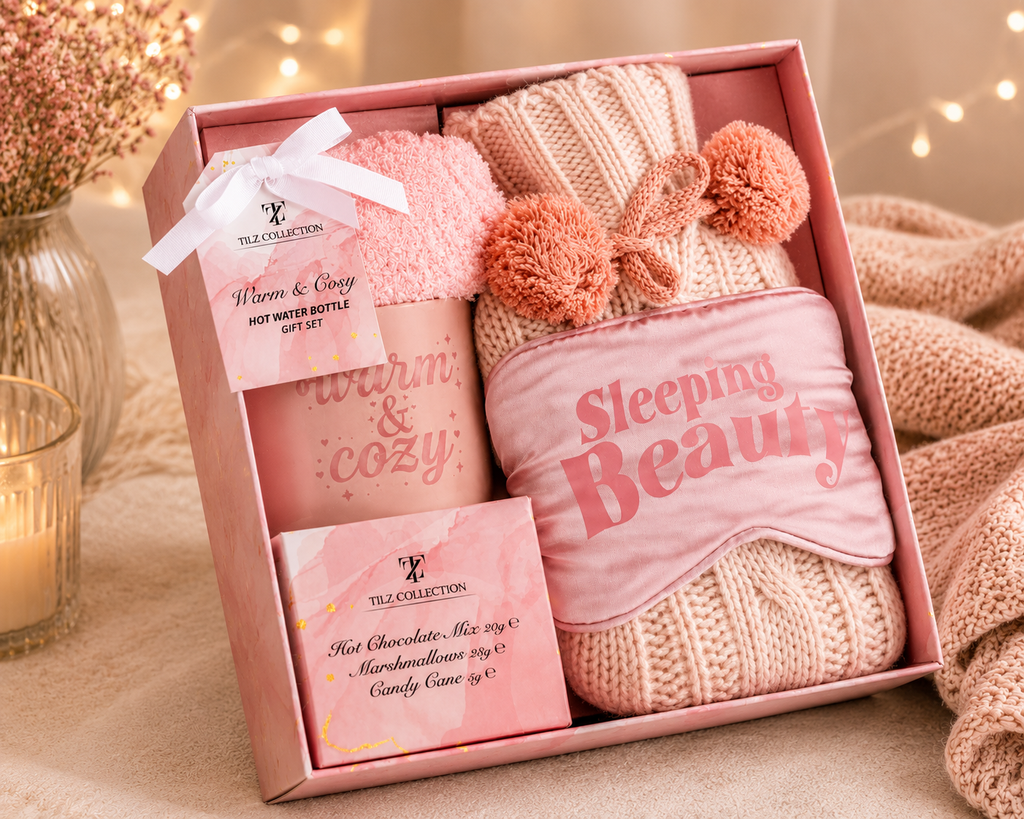 Tilz Collection Hot Water Bottle and Hot Chocolate Gift Box Blush Pink — angle view of open pink box showing hot water bottle, Sleeping Beauty eye mask, cosy socks and hot chocolate treats