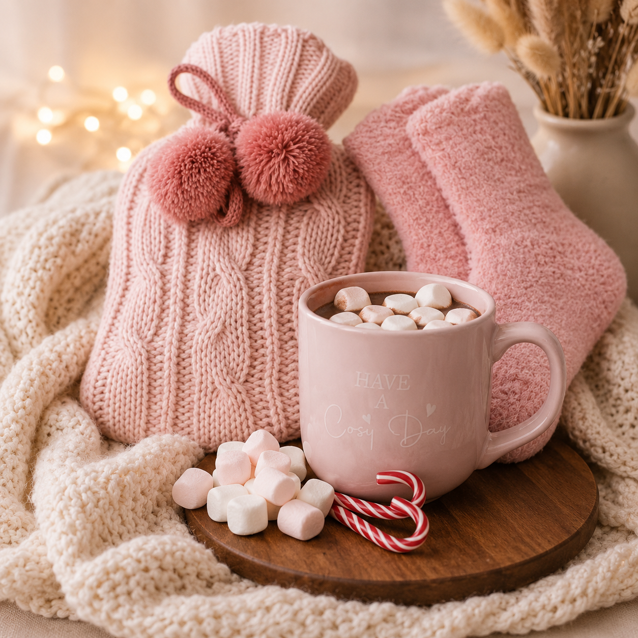 Tilz Collection Blush Pink Gift Box — cosy scene with pink mug of hot chocolate and marshmallows, candy cane, hot water bottle and socks on knitted blanket