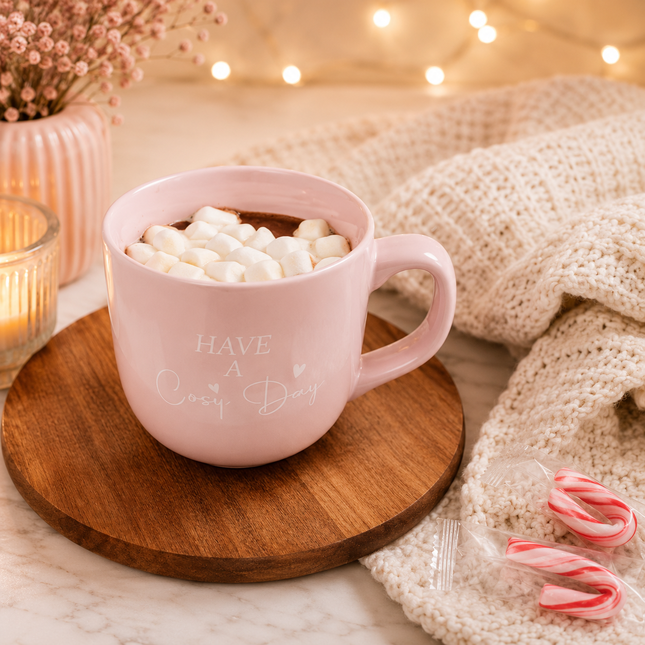 Tilz Collection Blush Pink Gift Box — close-up of pink Have a Cosy Day mug filled with hot chocolate and marshmallows on wooden coaster with candy canes