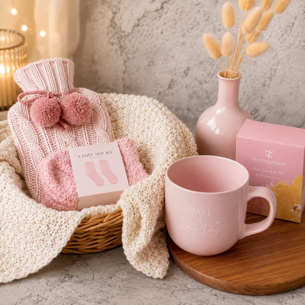 Tilz Collection Hot Water Bottle and Hot Chocolate Gift Box in Blush Pink — lifestyle setting with cosy socks, pink mug and gift items on wooden board