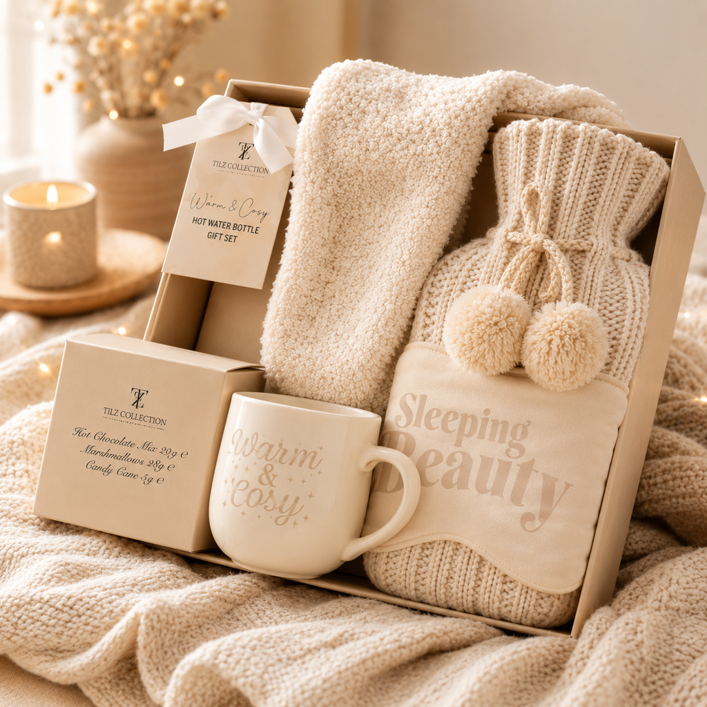 Tilz Collection Hot Water Bottle Gift Set for Her — angle view of open gift box with cream hot water bottle, Warm and Cosy mug, socks, eye mask and hot chocolate on cosy blanket with candle