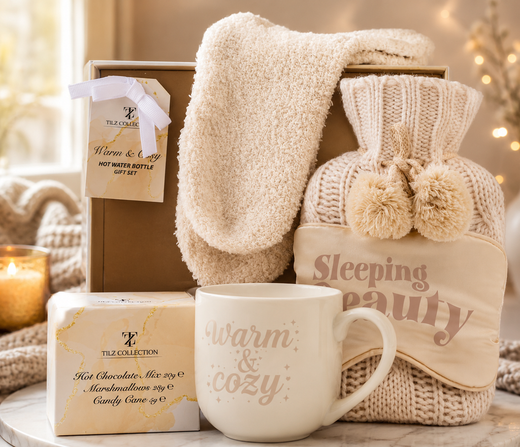 Tilz Collection Hot Water Bottle Gift Set for Her — front close-up showing cream hot water bottle, Warm and Cosy mug, Sleeping Beauty eye mask and hot chocolate treats with warm bokeh lights