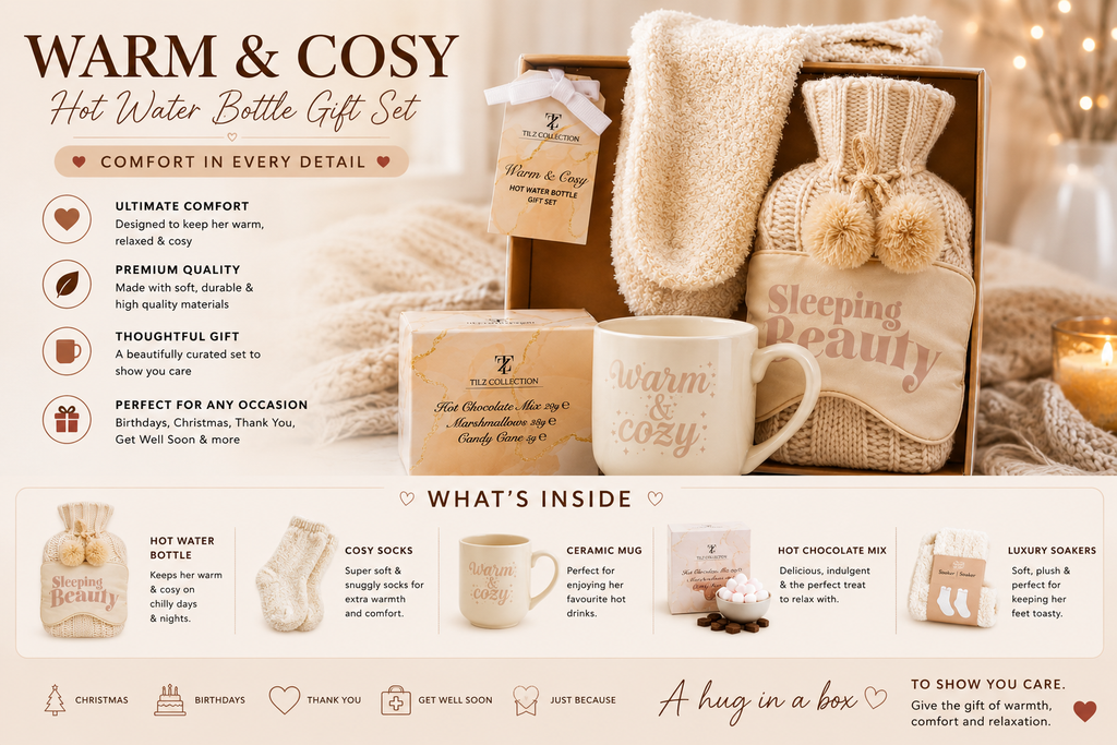Tilz Collection Warm and Cosy Hot Water Bottle Gift Set infographic — showing what's inside including hot water bottle, cosy socks, ceramic mug, hot chocolate mix and luxury soakers with occasion icons